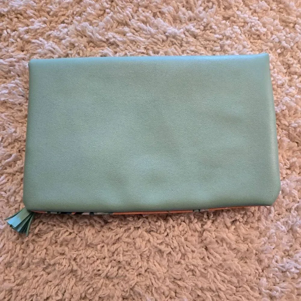 Rachel Pally Mint Leather & Tropical Print Fold Over Clutch Handbag Purse